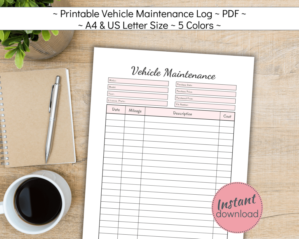 Printable vehicle maintenance tracker