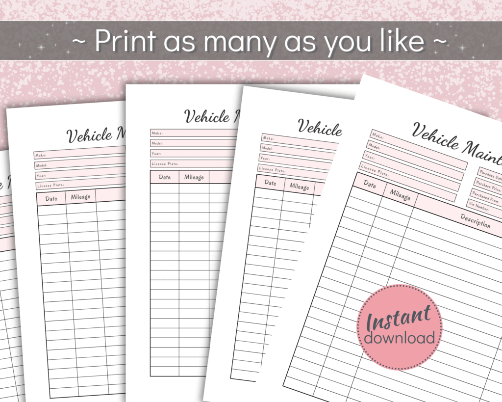 Printable vehicle maintenance tracker
