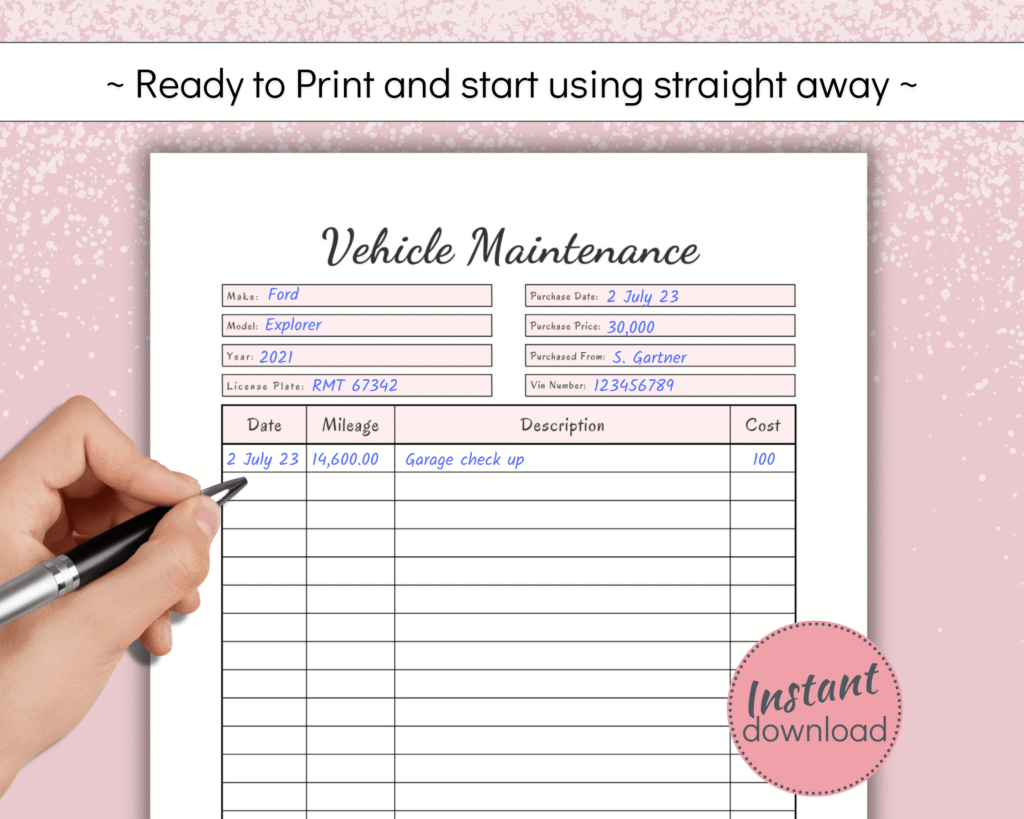 Printable vehicle repair tracker