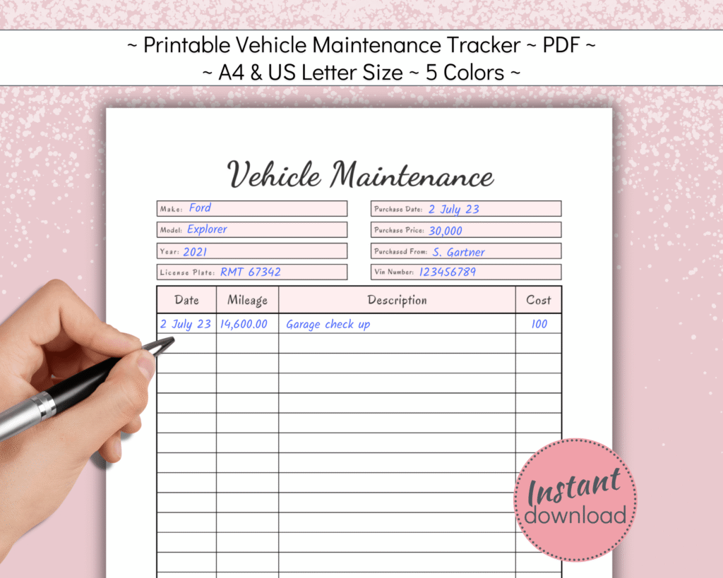 Printable car or bike maintenance logbook