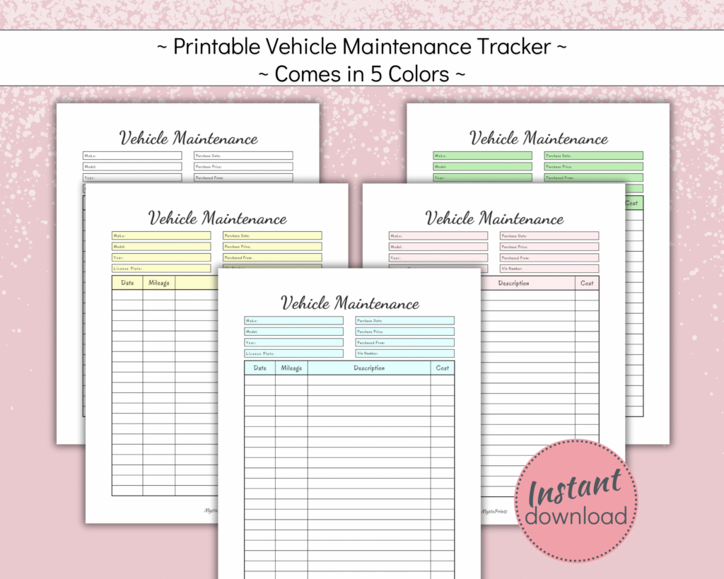 Printable vehicle maintenance tracker in 5 colors