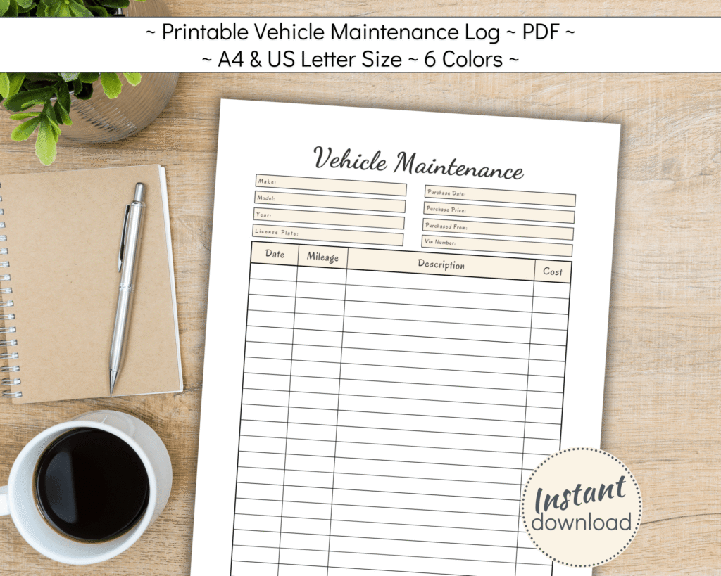 Printable vehicle maintenance tracker