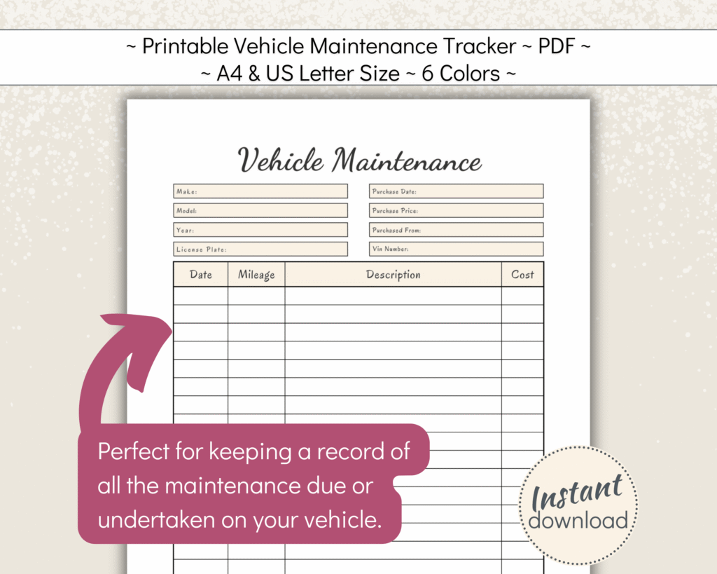 Printable car and motorbike maintenance logbook