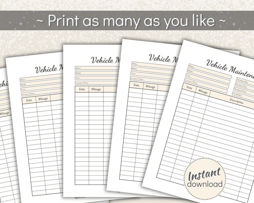 Printable vehicle maintenance record