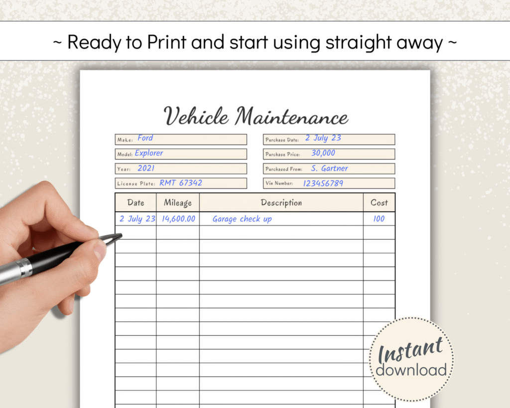 Printable vehicle repairs tracker