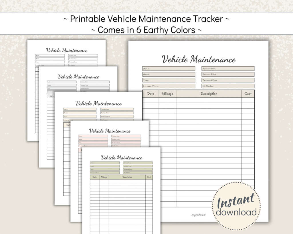Printable vehicle maintenance tracker in 6 earthy colors
